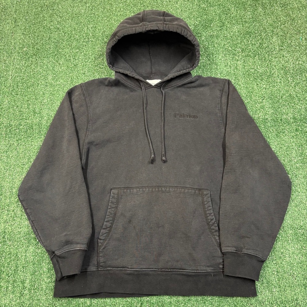 Palmes Hoodie Black Faded Embroidered Logo Pullover Sweatshirt Mens M